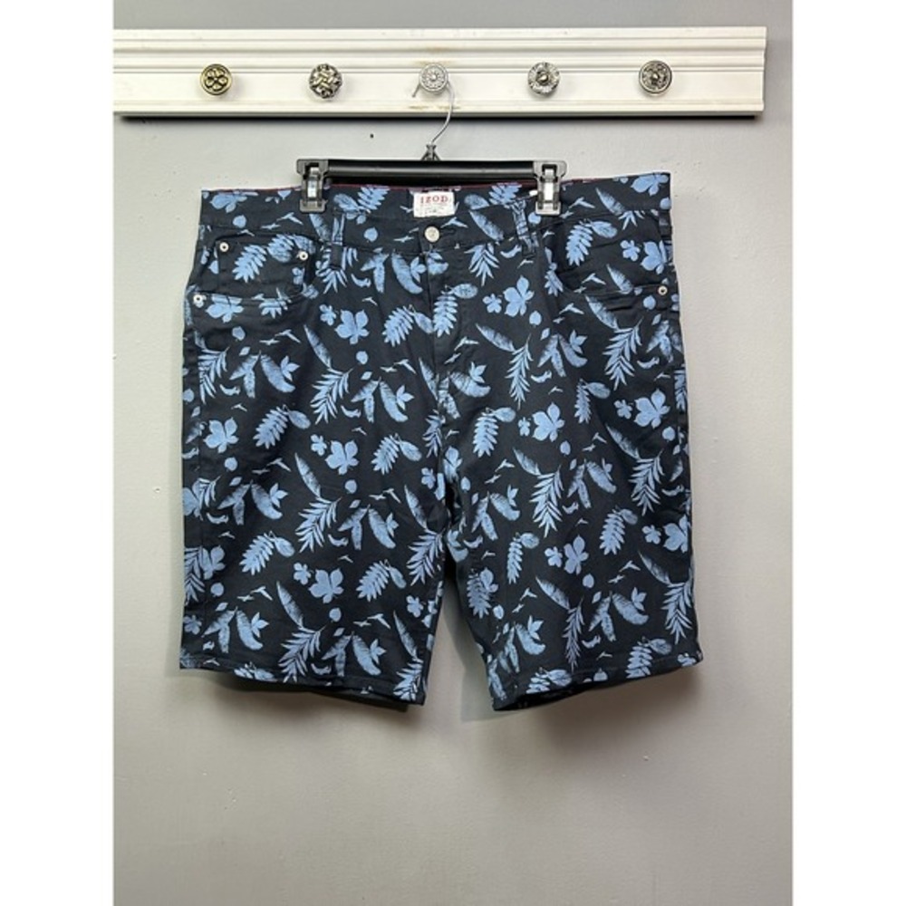 Izod Shorts Mens 40 Black Blue Floral Print Regular Fit Casual Cotton Spandex‎
